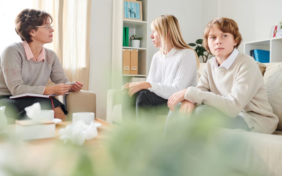 Especialista en intervención familiar socioeducativa atendiendo a una familia en una sesión de mediación sistémica.